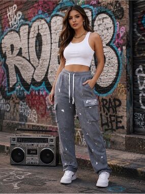 🔥 Rockstar‎ Original NWT Gray Cargo Sweatpants Paint Splatter XXL Streetwear
